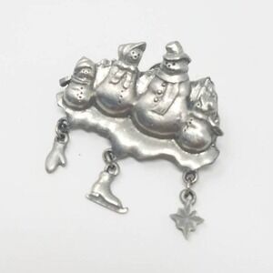 Vintage LCD snowman family brooch silver‎ tone charms winter christmas